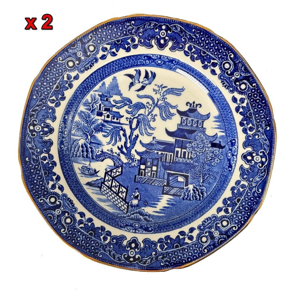 2 Burleigh Ware Blue Willow Coffee Cup Saucer Plate Dinnerware Tableware UK 7"